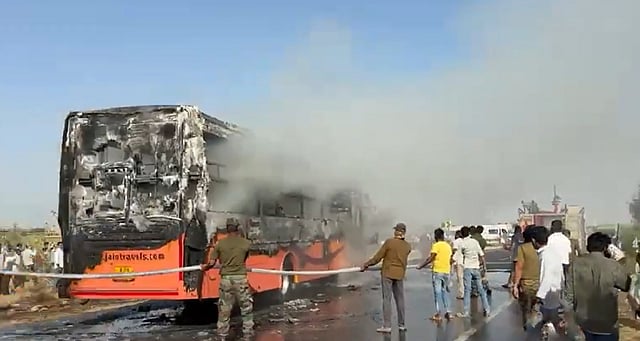 A bus traveling from Jaisalmer to Jodhpur catches fire, near Thaiyat village in Jaisalmer district, Rajasthan