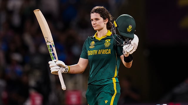 South Africas captain Laura Wolvaardt celebrates her century