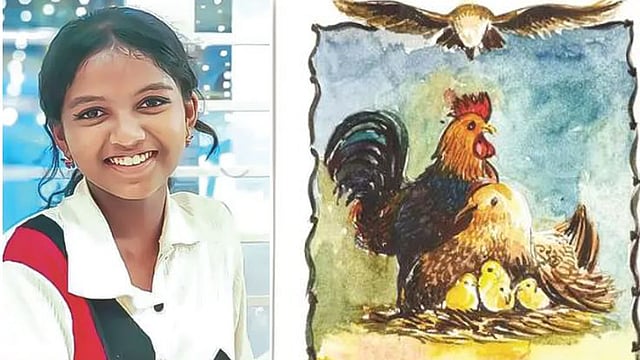 ചിറകിനടിയിൽ കുഞ്ഞുങ്ങളെ ഒതുക്കിയ തള്ളക്കോഴിയും പൂവനും; വൈഗ വരച്ച ചിത്രം ശിശുദിന സ്റ്റാമ്പിൽ