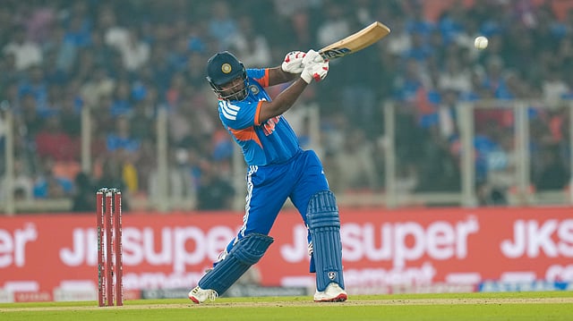 India's Sanju Samson plays a shot during the fifth T20 International cricket match