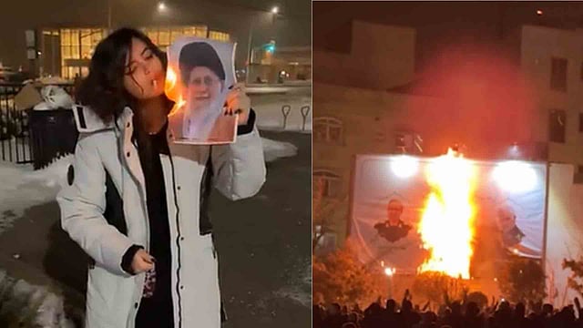 Iran protest women are lighting cigarettes from burning Ayatollah Ali Khamenei photos
