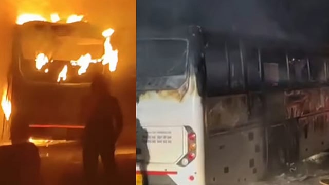 tourist bus catches fire