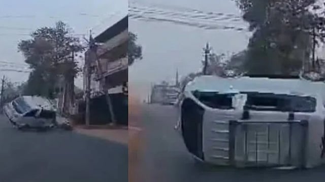 ഓടിക്കൊണ്ടിരിക്കുന്ന കാറിന്റെ ടയര്‍ പൊട്ടി, ഓട്ടോ ടാക്‌സിയിലിടിച്ചു; മൂന്ന് പേര്‍ക്ക് പരിക്ക്, വിഡിയോ