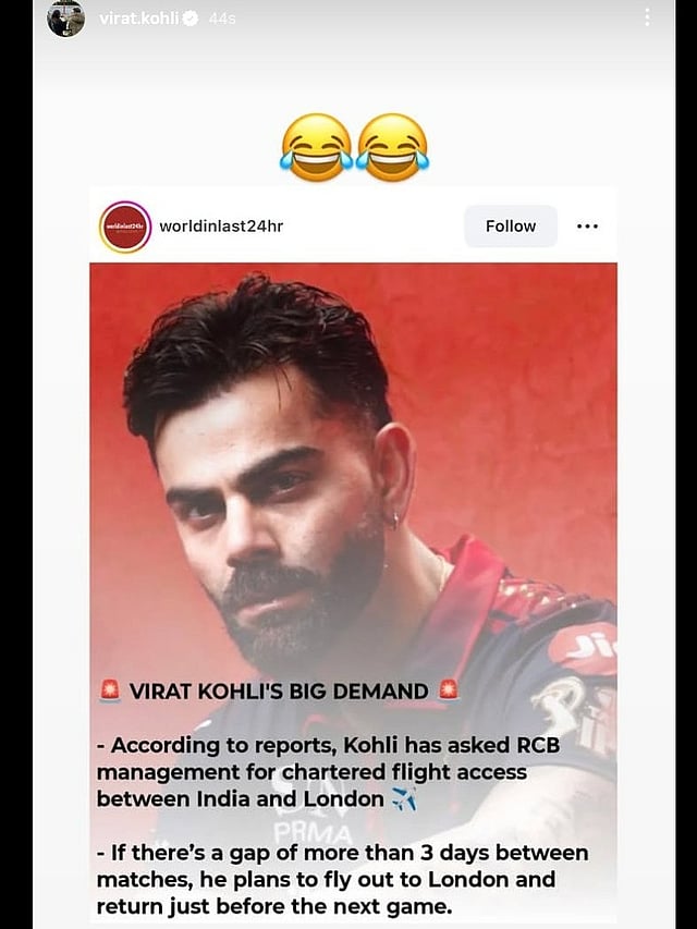 Virat Kohli Responds to Chartered Flight Rumors with Laughing Emojis Ahead of IPL 2026