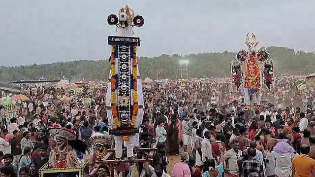 കെട്ടുകാളകള് കണ്ടത്തില് നിരന്നു, അകമ്പടിയായി ഈടുവെടിവഴിപാട്; പെരുമയുടെ നിറവില് അന്തിമഹാകാളന്കാവ് വേല- വിഡിയോ