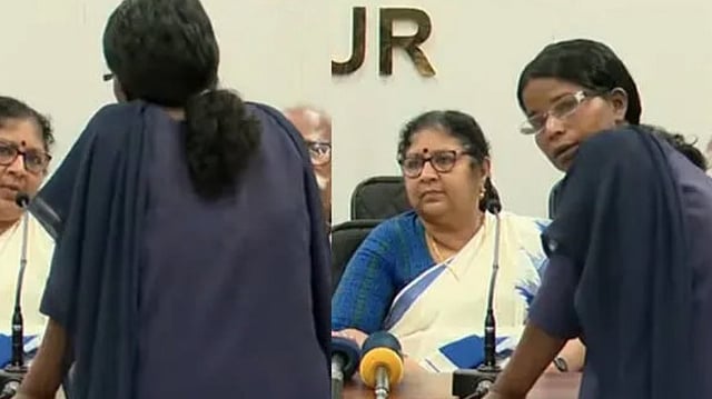 'എന്റെ പരാതിക്ക് ആദ്യം പരിഹാരം കാണണം'; മന്ത്രിമാരുടെ വാര്ത്താസമ്മേളനം തടസ്സപ്പെടുത്തി യുവതി, മാധ്യമങ്ങള്ക്ക് മുന്നില് നാടകീയരംഗങ്ങള്