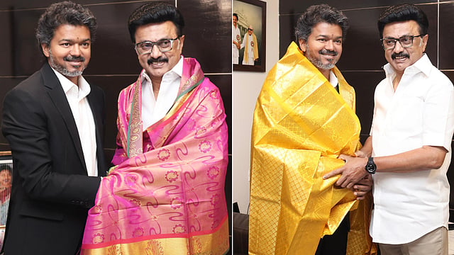 പൂമുഖത്ത് വന്ന് ഉദയനിധിയുടെ ആലിംഗനം; സ്റ്റാലിനെ കാണാന് വീട്ടിലെത്തി വിജയ്; പൊന്നാടയും പൂച്ചെണ്ടുമായി വരവേല്പ്പ്