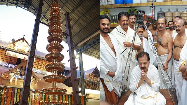 ഗുരുവായൂരില് സ്വര്ണ പ്രഭയില് തിളങ്ങി നവീകരിച്ച ദീപസ്തംഭം; ആഭ്യന്തര മന്ത്രിക്ക് വെണ്ണ കൊണ്ട് തുലാഭാരം