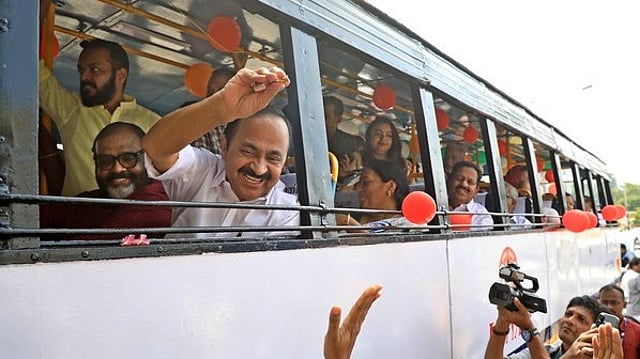 Minister for Transport C. P. John and Chief Minister V. D. Satheesan travel in an ordinary KSRTC bus