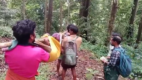 റോഡില്ല; ഇടമലക്കുടിയിൽ രോഗിയെ കമ്പിൽ തുണി കെട്ടി ചുമന്ന് കാടുതാണ്ടി ഗോത്രജനത - വിഡിയോ