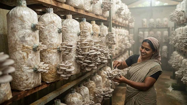 15 മുതല് 20 ദിവസത്തിനുള്ളില് വൈക്കോലില് കൂണിന്റെ വെളുത്ത വേരുകള് (മൈസീലിയം) പടര്ന്നു പന്തലിക്കുന്നത് കാണാം