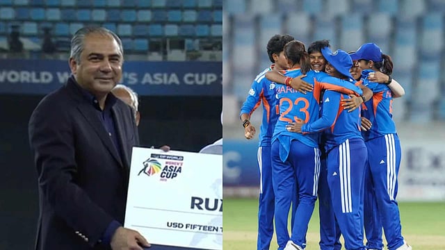 Mohsin Naqvi at the Women's Asia Cup final; (right) Indian women's cricket team