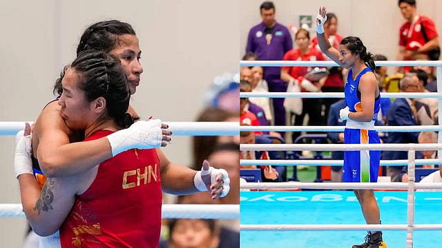 Lovlina Borgohain, in blue, is greeted by China's Ziyi Bao after winning gold medal in the women's 75kg final boxing bout at the 20th Asian Games, in Nishio, Aichi, Japan,