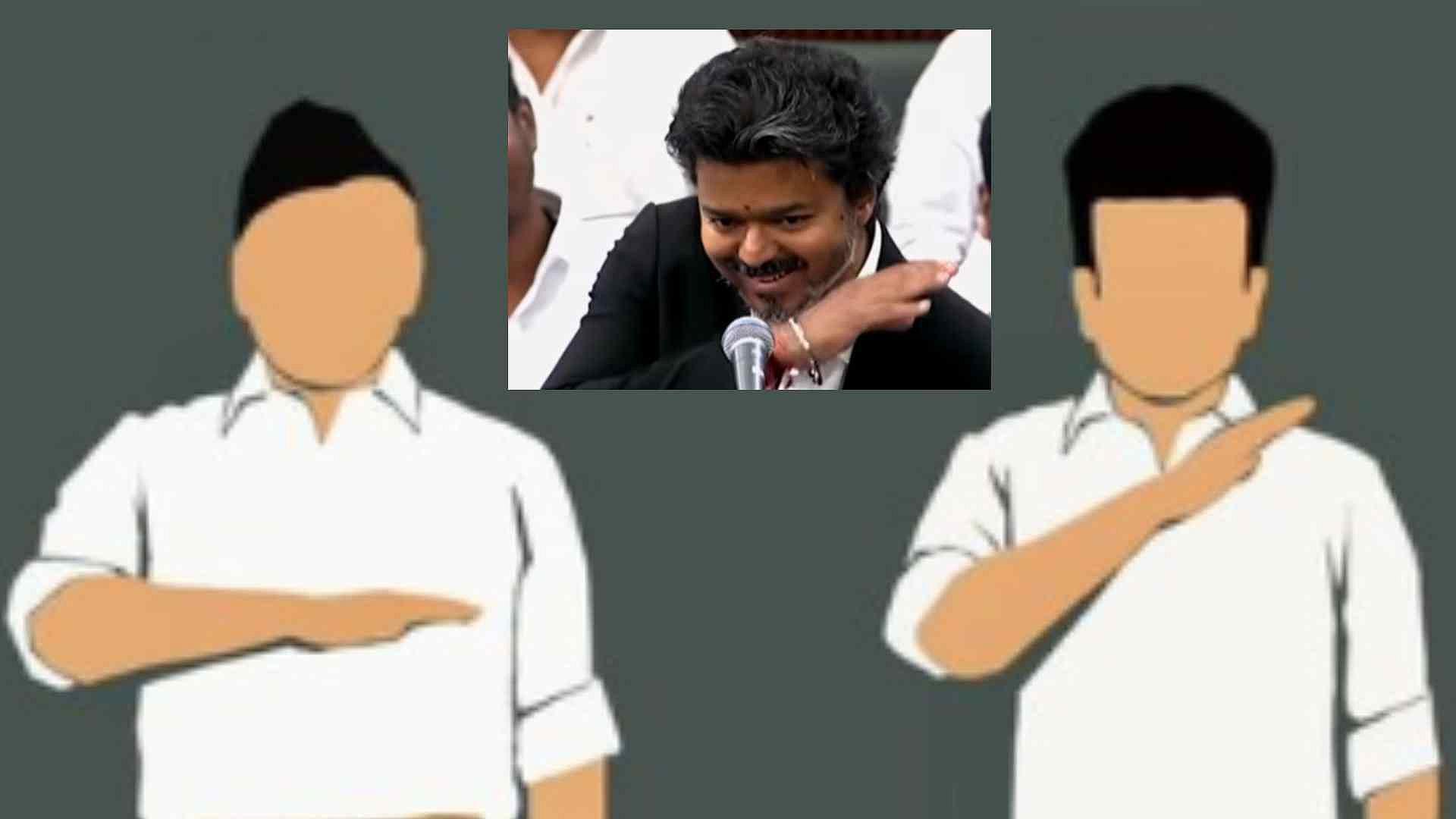 ഒരു കൈയാംഗ്യത്തിൽ കനക്കുന്ന രാഷ്ട്രീയം; വിജയ്‌യുടെ ശൈലിയെ ആർഎസ്എസുമായി കൂട്ടിമുട്ടിച്ച് ഡിഎംകെ