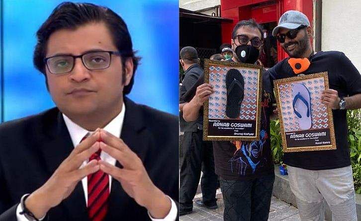അർണബിന് സമ്മാനിക്കാൻ വള്ളിച്ചെരുപ്പ് ഫലകവുമായി അനുരാ​ഗ് കശ്യപും കുനാല്‍ കമ്രയും; ചിത്രം വൈറൽ