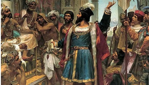 വാസ്‌കോ ഡി ഗാമ കോഴിക്കോട് സമൂതിരിയെ കാണുന്നു. ചിത്രകാരന്റെ ഭാവനയില്‍
