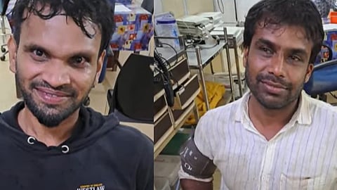 കടലില്‍ കുടുങ്ങിയ മത്സ്യത്തൊഴിലാളികള്‍. പുലര്‍ച്ചെ ഒരു മണിക്കാണ് ഇരുവരേയും രക്ഷപെടുത്തിയത്