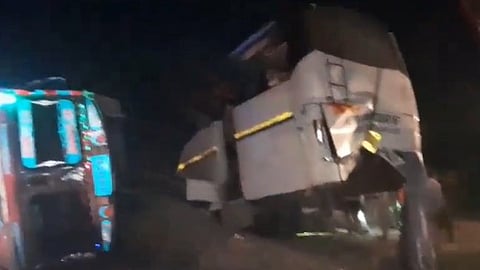 truck turns turtle on bus in up