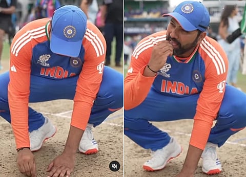 rohit-sharma-eats-sand-from-barbados-pitch