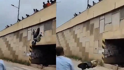 public throws stunt performers’ bikes off Tumakuru Highway