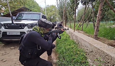  Baramulla: Security personnel during an encounter with militants at Chak Tapper Kreeri Pattan area