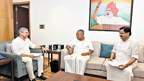 Pinarayi Vijayan interacting with Union Railway Minister Ashwini Vaishnaw in Delhi