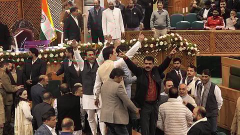 BJP legislators hold a protest after the Assembly passed a resolution on Article 370 restoration by voice vote