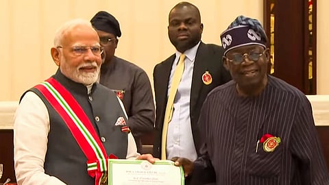 : Prime Minister Narendra Modi being conferred with Nigeria's second-highest national award Grand Commander of the Order of the Niger by President of Nigeria Bola Ahmed Tinubu