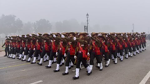 Assam Rifles personnel take part in the Republic Day Parade 2025 rehearsal