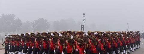 Assam Rifles personnel take part in the Republic Day Parade 2025 rehearsal