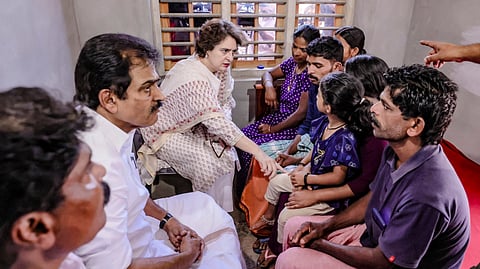  Congress MP Priyanka Gandhi Vadra meets the family members of a woman who was killed by a tiger on January 24