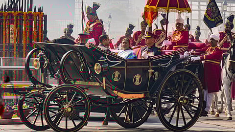 President Droupadi Murmu leaves from the Rashtrapati Bhavan for the Parliament House on the first day of the Budget session