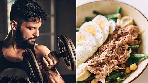 MAN WORKOUTS IN A GYM, PROTIEN FOOD IN A PLATE