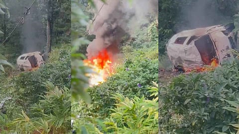 നിയന്ത്രണം വിട്ട് വാഹനം 60 അടി താഴ്ചയിലേയ്ക്ക് മറിഞ്ഞ് തീപിടിച്ചു, രണ്ട് കുട്ടികള്‍ ഉള്‍പ്പെടെ നാല് പേര്‍ക്ക് പരിക്ക്-വിഡിയോ