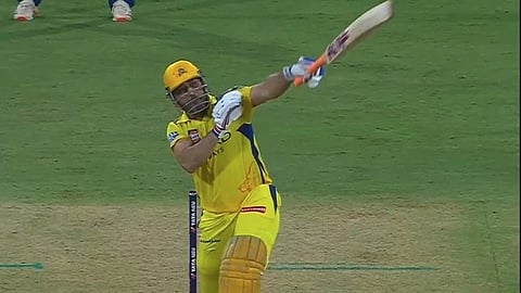 one handed six dhoni