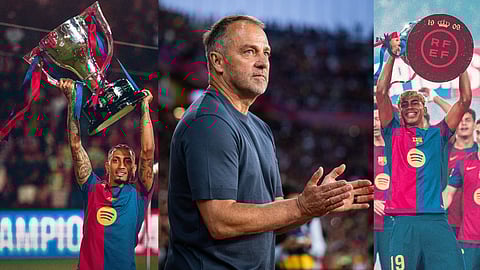 FC Barcelona's Raphinha, Hansi Flick, Lamine Yamal