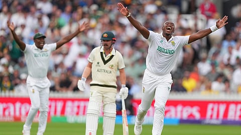 South Africa's Lungi Ngidi celebrates the dismissal of Australia's Beau Webster 