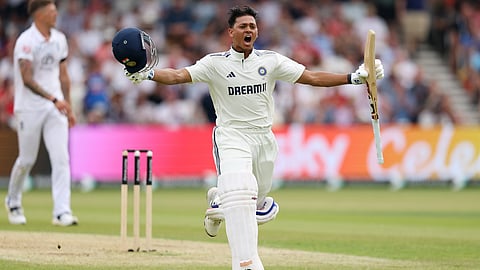 India's Yashasvi Jaiswal celebrates after scoring a century