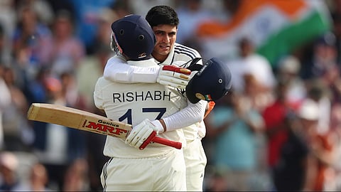 captain Shubman Gill celebrates with Rishabh Pant after scoring a century