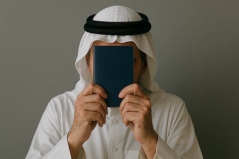Arab citizen hiding his face using passport
