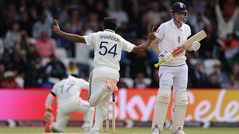 Shardul Thakur celebrates after dismissing Harry Brook for a golden duck