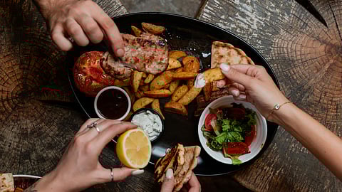 Overhead View of Shared Mediterranean Meal