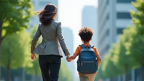 woman and child running late