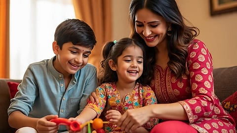 mother playing with children
