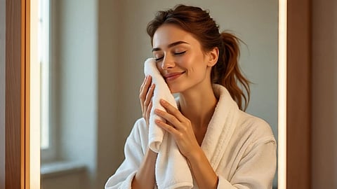 woman drying her face with a white towel 