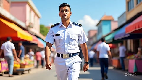 Navy officer uniform wored by a fraud waling through a street