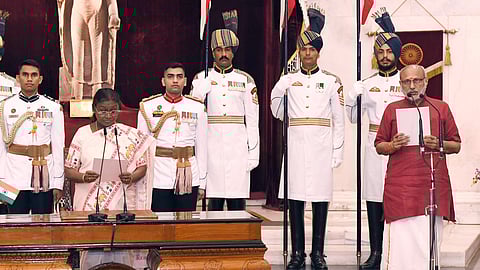 President of India Droupadi Murmu administers the oath of Office to the vice president to CP Radhakrishnan at a swearing-in ceremony held at Ganatantra Mandap