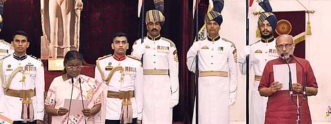 President of India Droupadi Murmu administers the oath of Office to the vice president to CP Radhakrishnan at a swearing-in ceremony held at Ganatantra Mandap