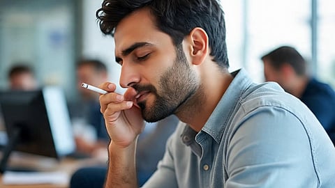 Man smoking and drinking tea at office
