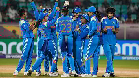 Indian team celebrates the wicket of South Africa's Sinalo Jafta 